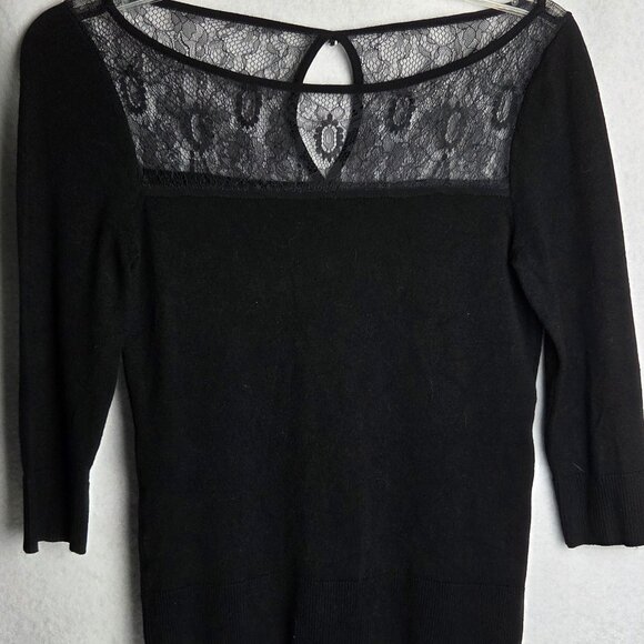 WHBM Lace Keyhole Neck and Ribbed Black Fitted 3/4 Sleeve Sweater XS - Picture 1 of 4
